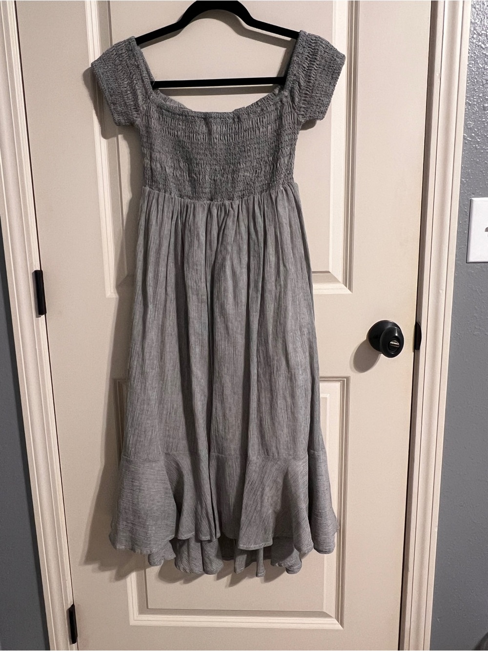 Storia Light Gray Smocked Midi Dress with Ruffle Hem